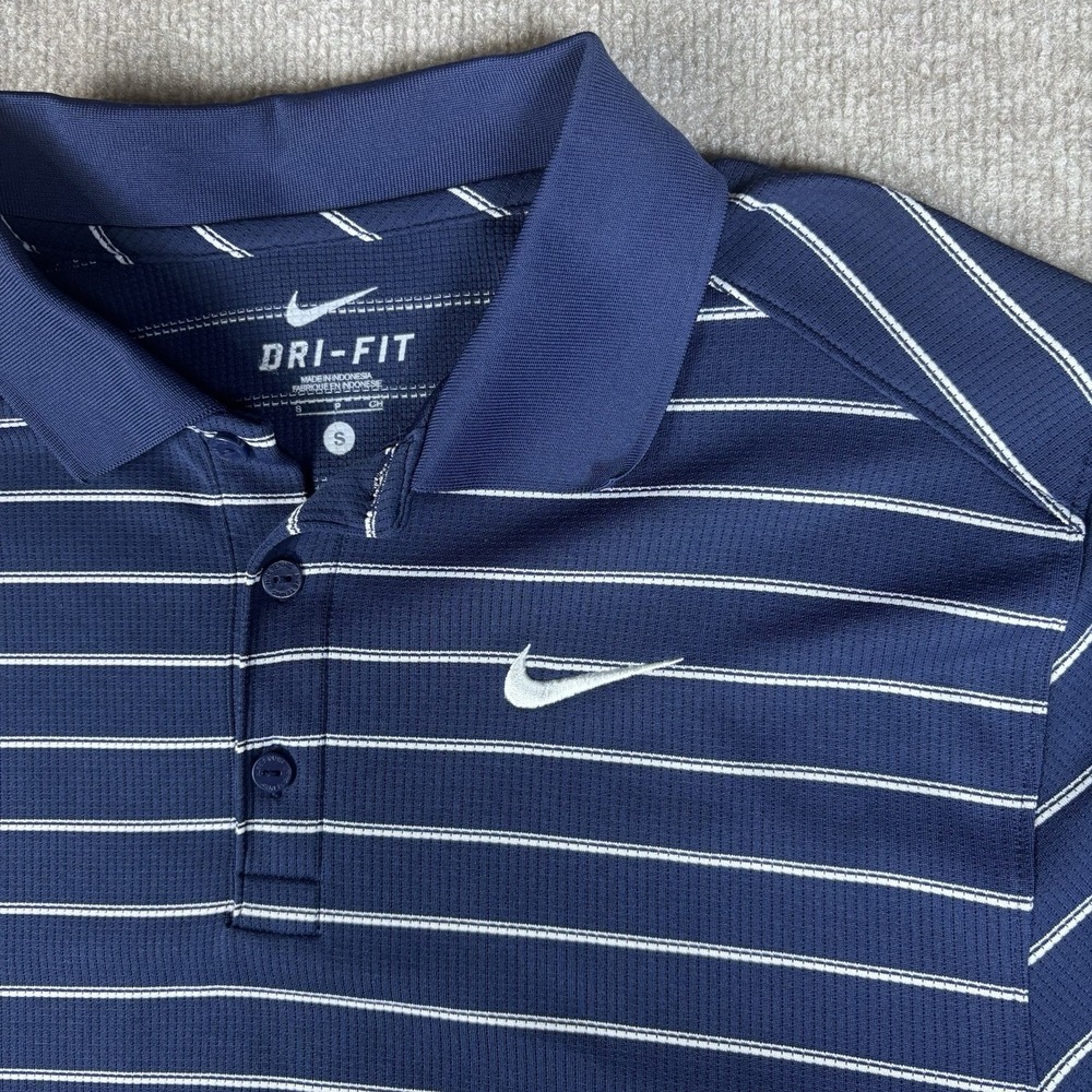 Nike Dri-FIT Polo Shirt Men's Small Navy Blue White Striped Golf Swoosh - Picture 1 of 10